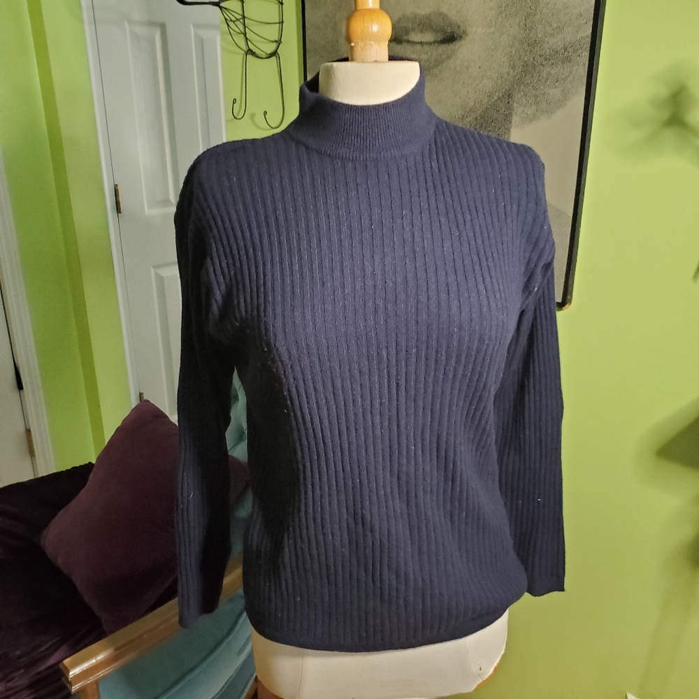 Plush Cashmere Navy Blue Turtleneck Top - Picture 1 of 4